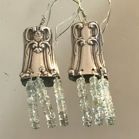 Genuine Blue Aquamarine Gemstone Antique Sterling Silver 925 Earrings Dangle - Picture 2 of 5